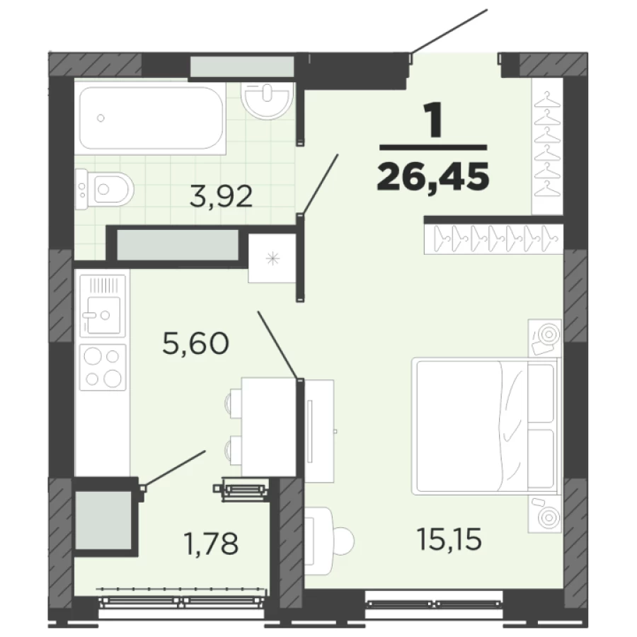 1-ая квартира площадью 26.45 с улучшенной панировкой и высокими потолками